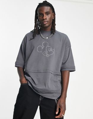 ASOS DESIGN Punk Mickey oversized t-shirt with Disney print and triple layer in charcoal