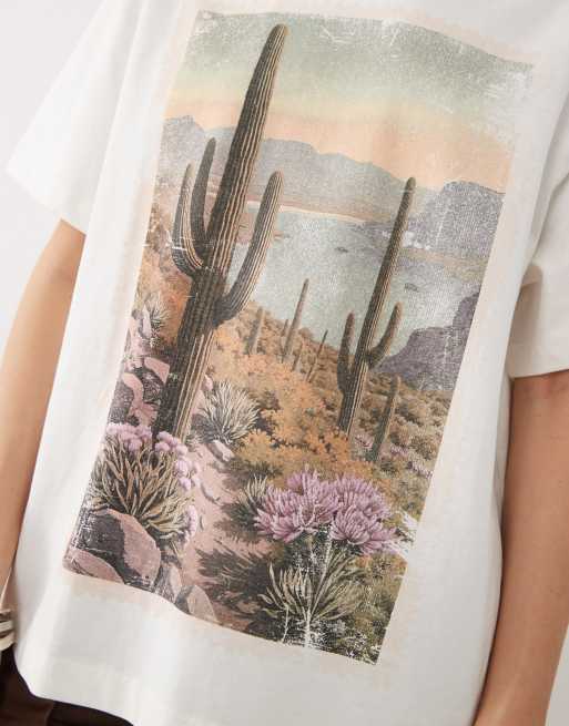 ASOS DESIGN oversized T-shirt with distressed cactus postcard graphic in cream, 3 of 4