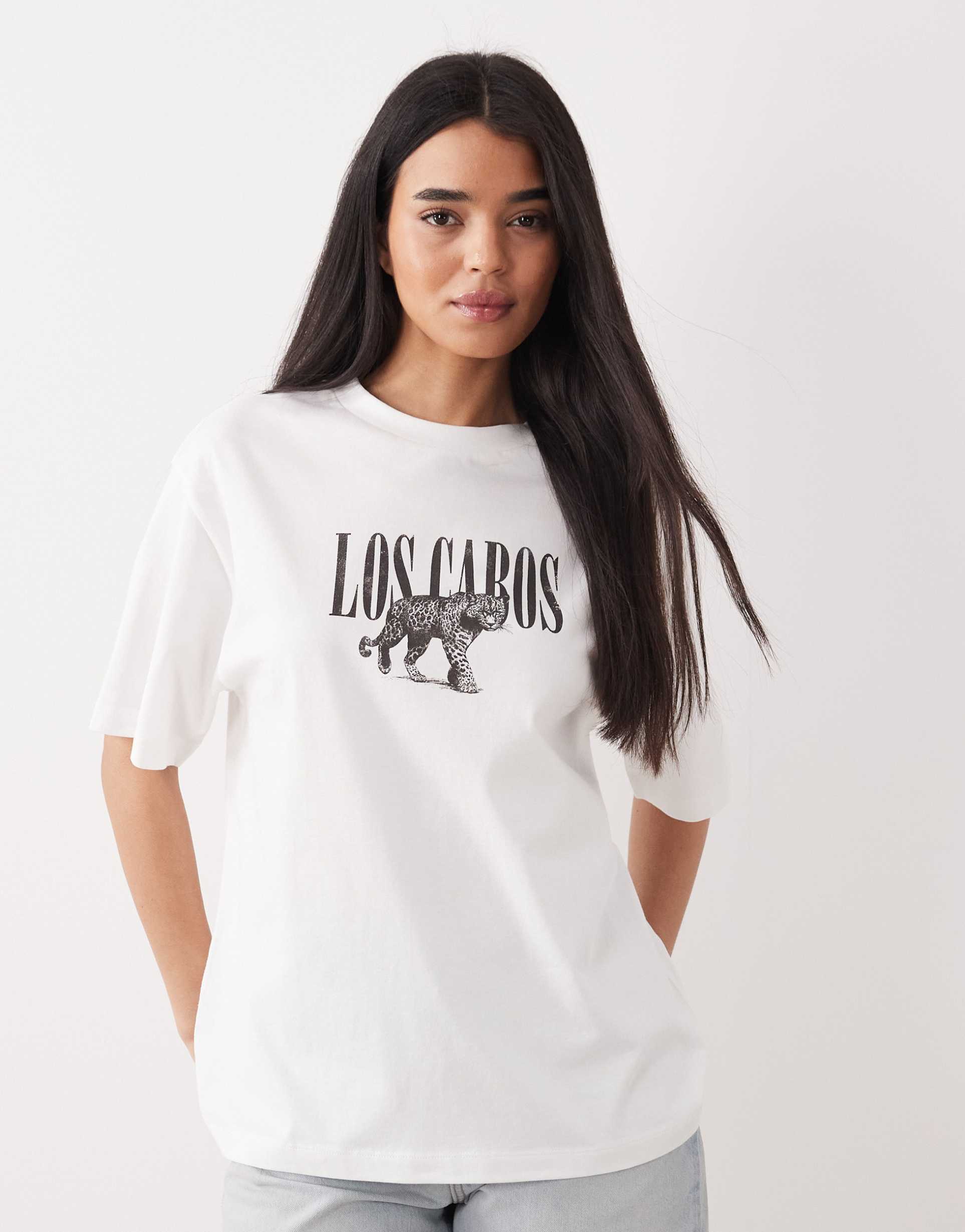 asos design oversized t-shirt with distressed los cabos graphic in cream