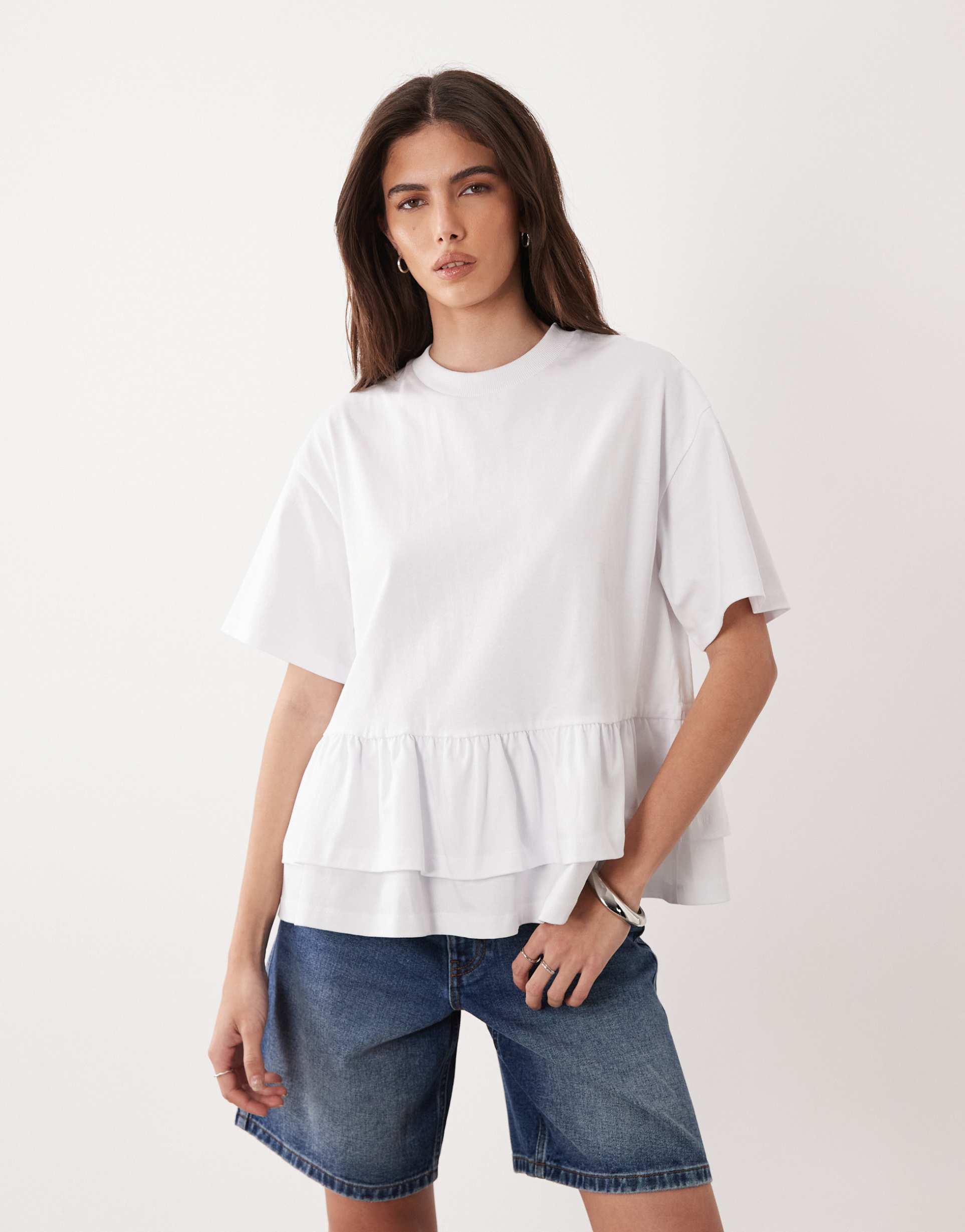 asos design oversized t-shirt with double peplum hem in white