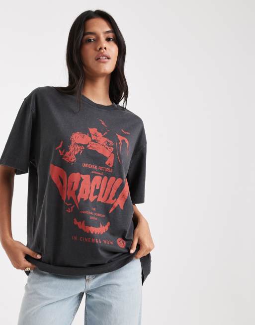 ASOS DESIGN oversized t-shirt with dracula licence graphic in washed charcoal