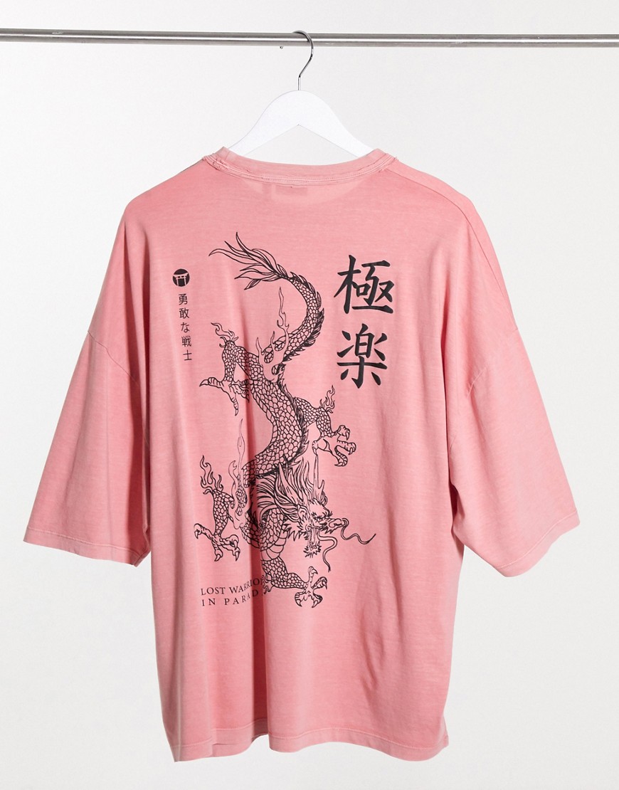 ASOS DESIGN oversized t-shirt with dragon and text front print in washed pink organic cotton