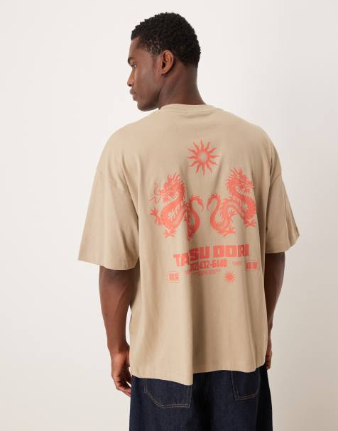ASOS DESIGN oversized t-shirt with dragon graphic in beige