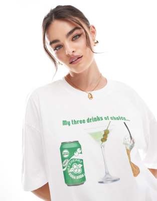 ASOS DESIGN oversized t-shirt with drinks graphic in ivory-White