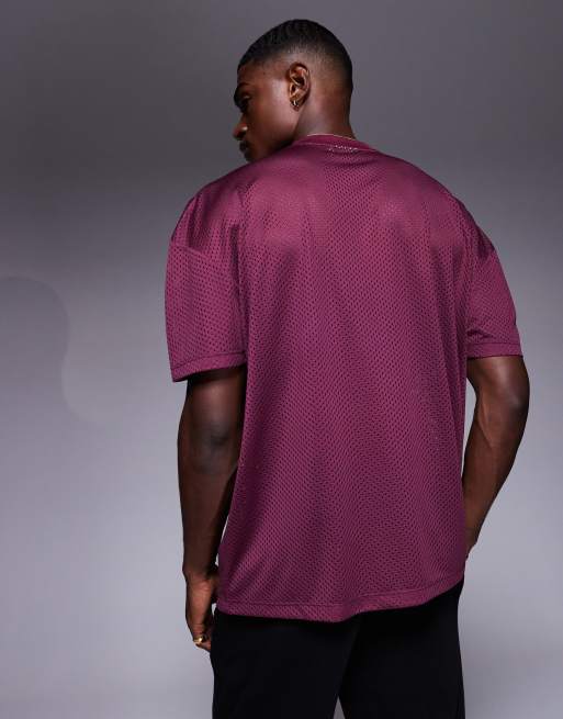 ASOS DESIGN oversized T-shirt with dropped shoulder and sports graphic in burgundy mesh