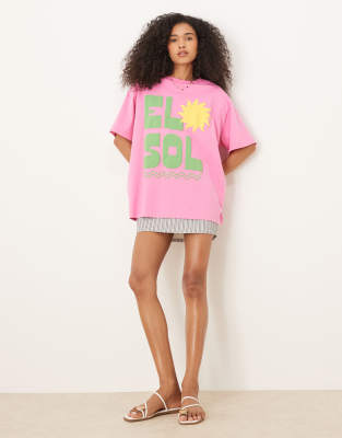 Asos Design Oversized T-shirt With El Sol Sun Puff Print In Pink