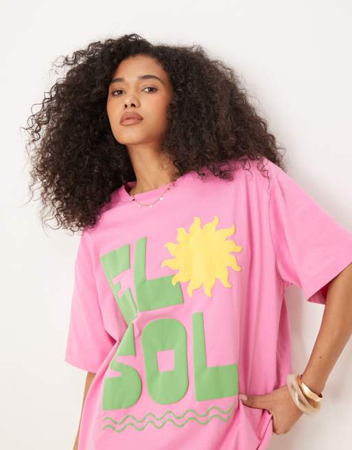 ASOS DESIGN oversized T-shirt with el sol sun puff print in pink