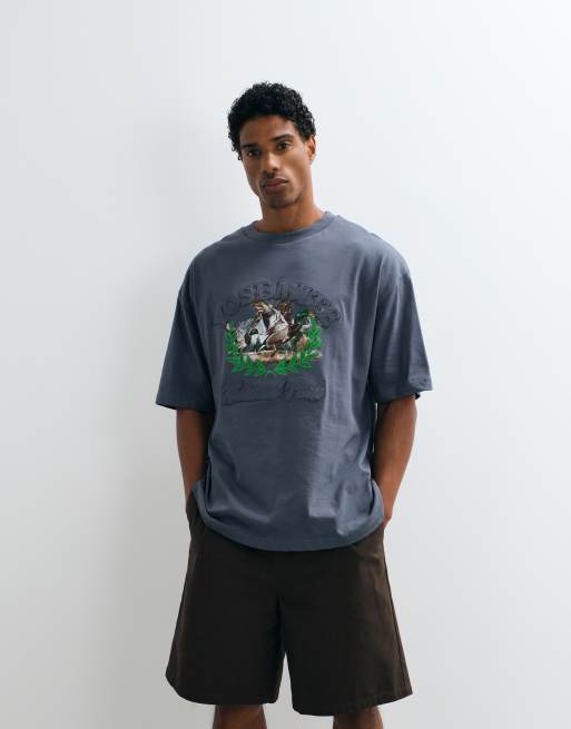ASOS DESIGN oversized T-shirt with embroidered applique and scenic graphic in charcoal, 3 of 5