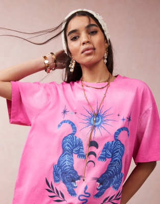 Asos Design Oversized T-shirt With Embroidered Celestial Graphic In Pink