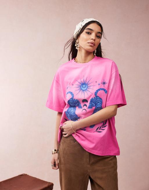 ASOS DESIGN oversized t-shirt with embroidered celestial graphic in pink, 3 of 4