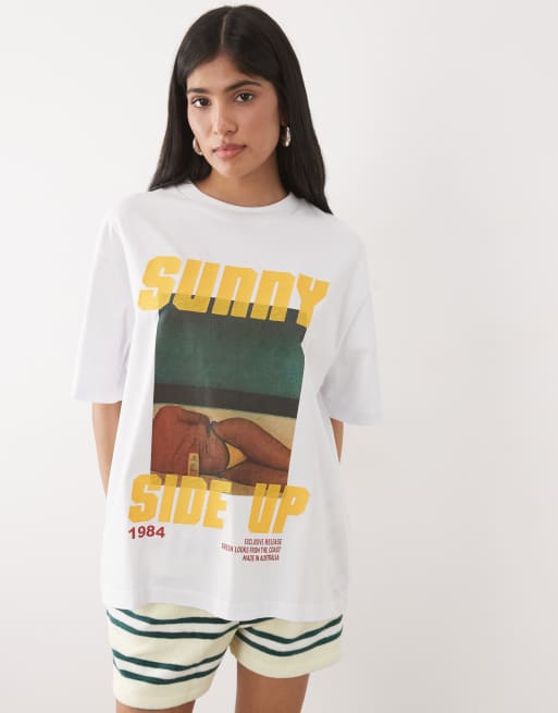 ASOS DESIGN oversized T-shirt with embroidered Sunny Side Up graphic in white, 2 of 4