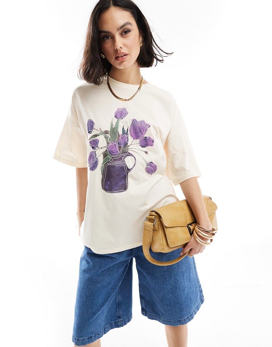 ASOS DESIGN oversized t-shirt with embroidered tulip graphic in white