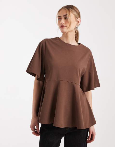 ASOS DESIGN oversized t-shirt with exaggerated sleeve and peplum hem in chocolate - view 1