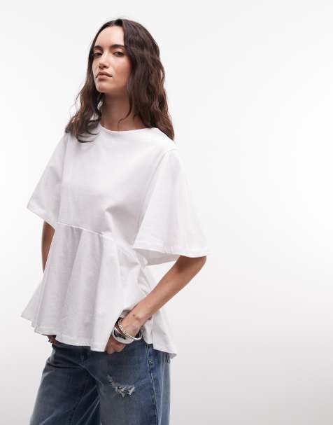 ASOS DESIGN oversized T-shirt with exaggerated sleeve and peplum hem in white - view 1