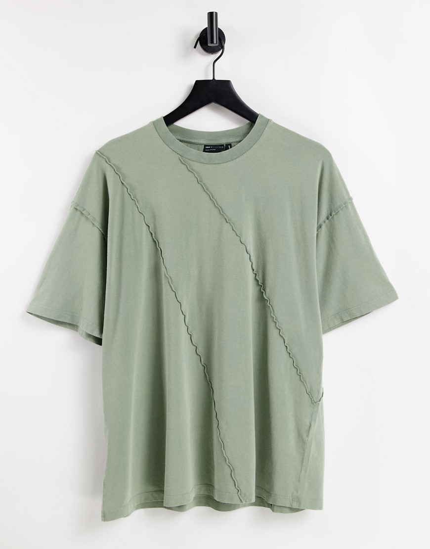 ASOS DESIGN oversized T-shirt with exposed seam detail in khaki-Green