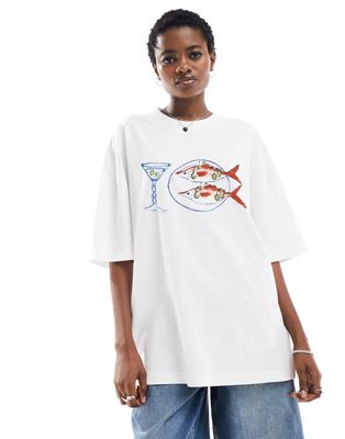 Asos Design Oversized T-shirt With Fish And Martini Graphic In White
