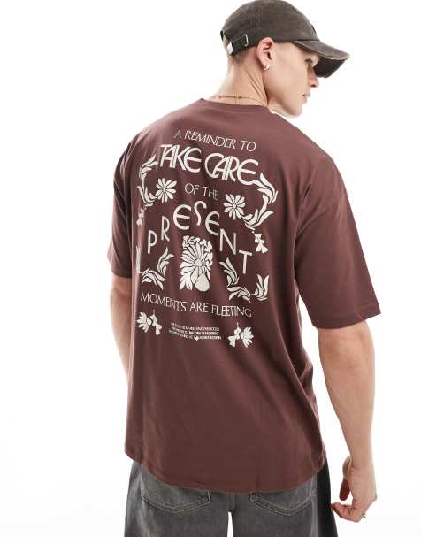 ASOS DESIGN oversized t-shirt with floral back print in brown - view 1