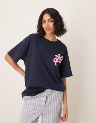 Asos Design Oversized T-shirt With Floral Back Print In Navy