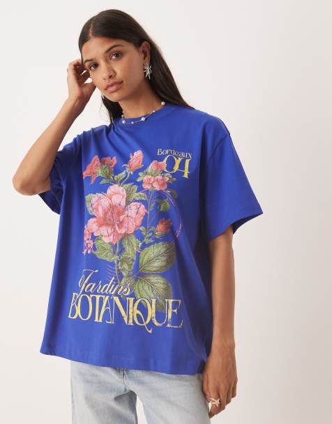 ASOS DESIGN oversized t-shirt with floral botanical graphic in blue - view 1