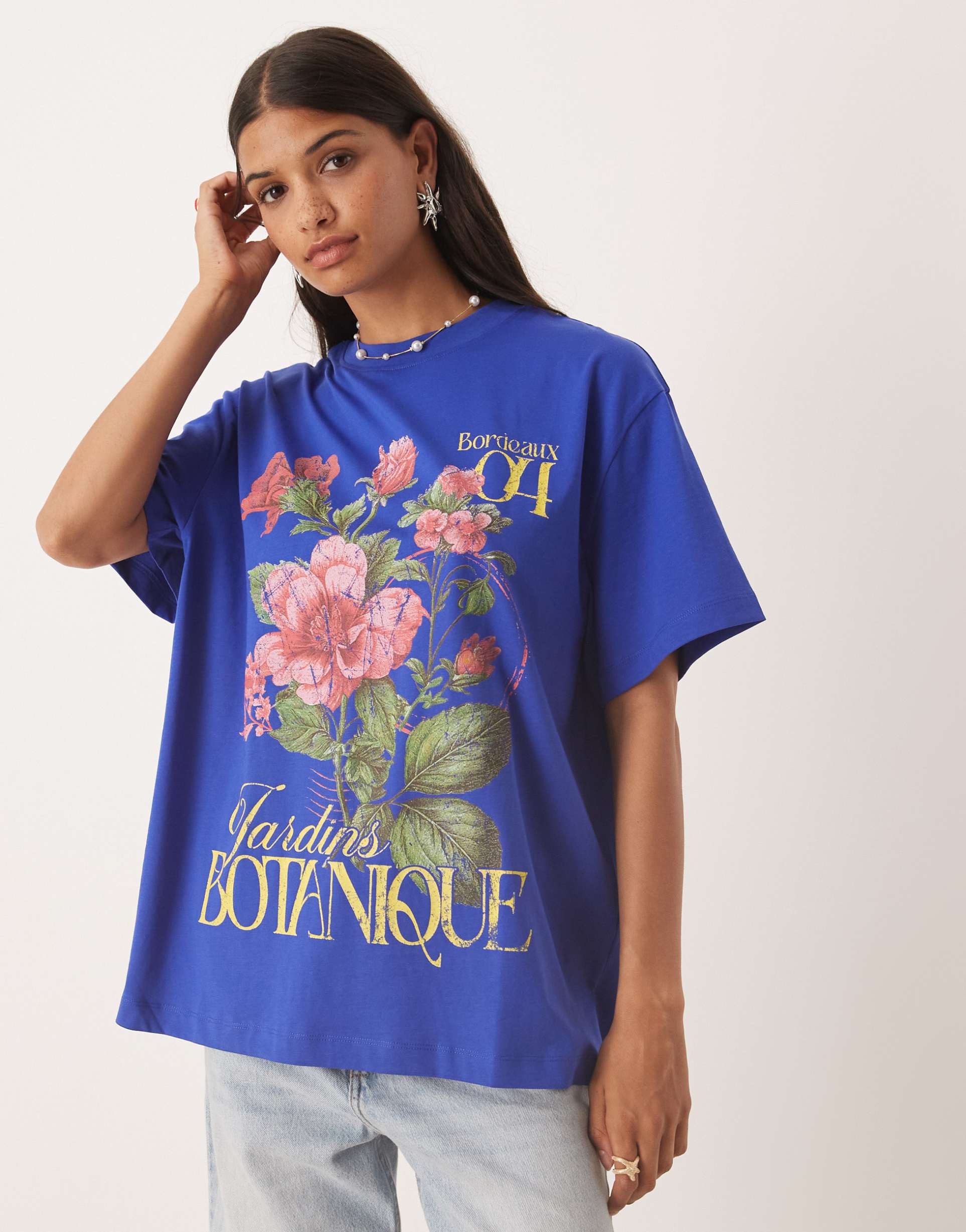 asos design oversized t-shirt with floral botanical graphic in blue