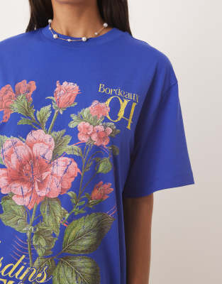 Asos Design Oversized T-shirt With Floral Botanical Graphic In Blue