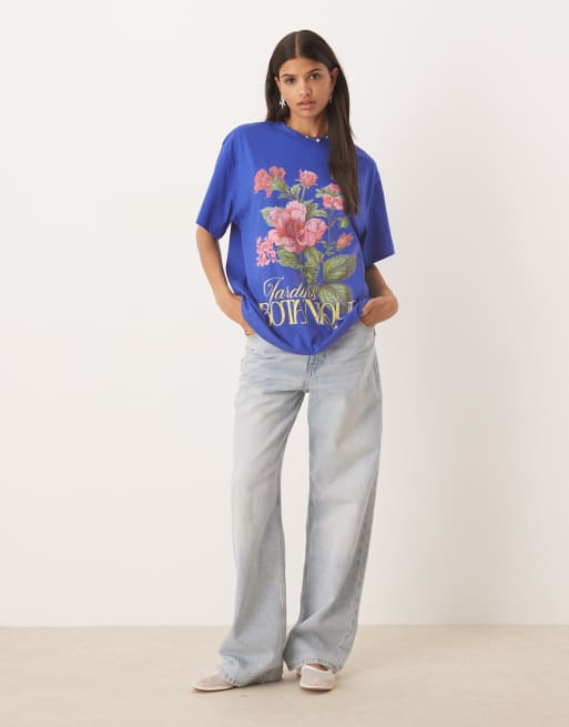 ASOS DESIGN oversized t-shirt with floral botanical graphic in blue
