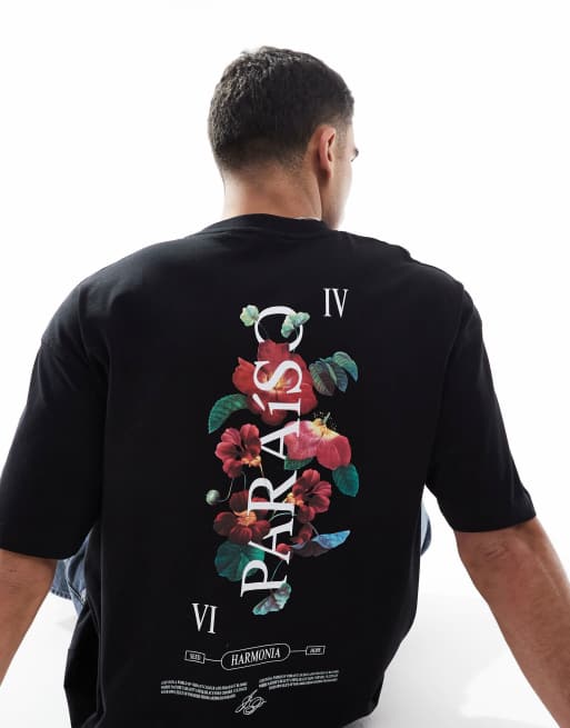ASOS DESIGN - Oversized og sort T-shirt med grafisk blomsterprint