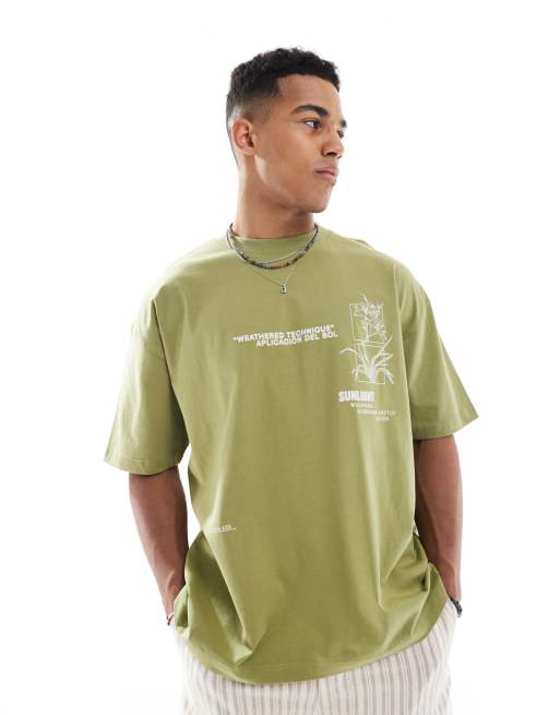 ASOS DESIGN oversized t-shirt with floral graphic in khaki green
