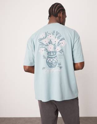 Asos Design Oversized T-shirt With Floral Graphic In Blue