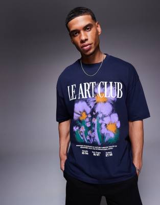 Asos Design Oversized T-shirt With Floral Graphic In Navy