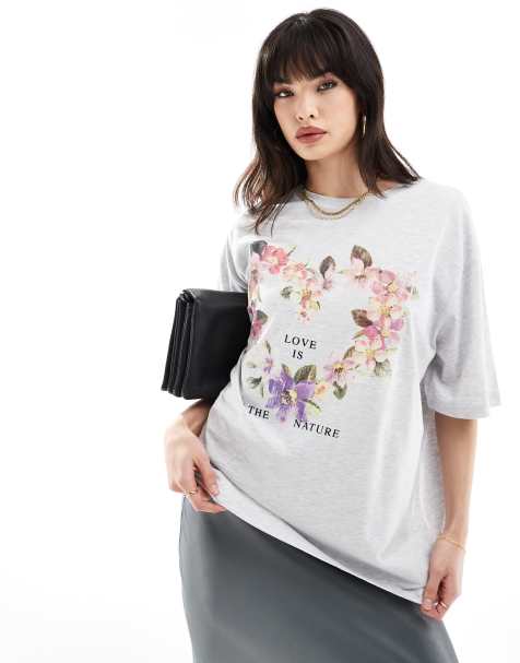 ASOS DESIGN oversized t-shirt with floral heart graphic in white - view 1