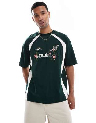 Asos Design Oversized T-shirt With Floral Sport Graphic And Contrast Panels In Green