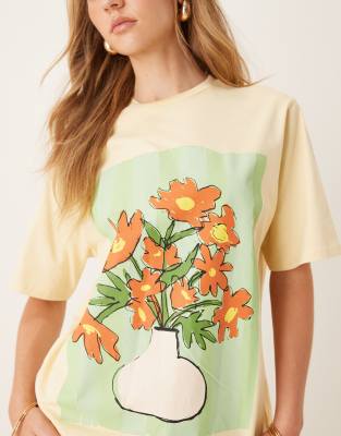 Asos Design Oversized T-shirt With Floral Vase Graphic In Yellow