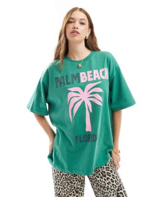 Asos Design Oversized T-shirt With Florida Palm Tree Graphic In Green