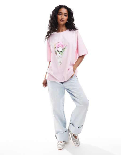ASOS DESIGN oversized t-shirt with flower bouquet graphic in rose pink, 2 of 4