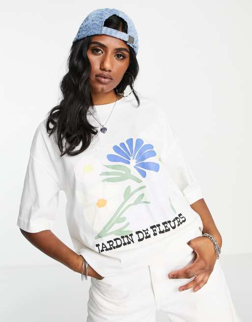ASOS DESIGN oversized t shirt with flower market graphic print in ecru