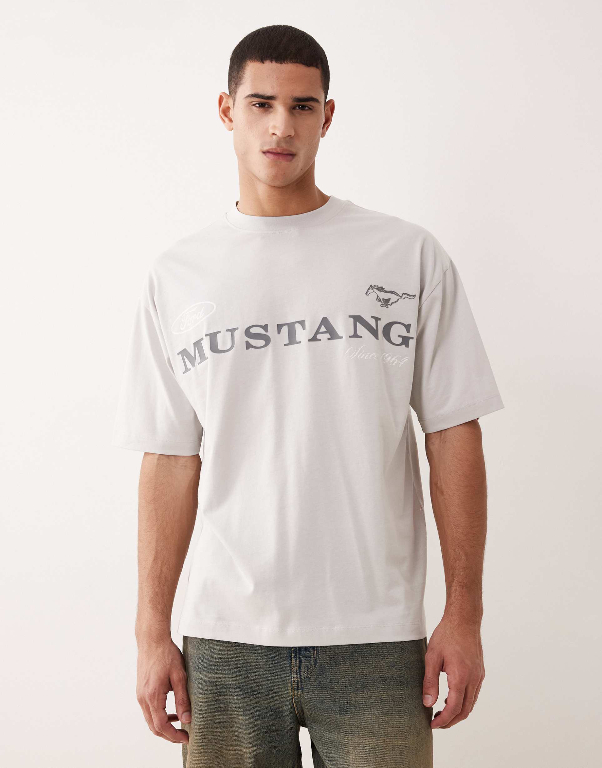 asos design oversized t-shirt with ford mustang prints in gray