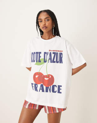 Asos Design Oversized T-shirt With France Cherry Graphic In White
