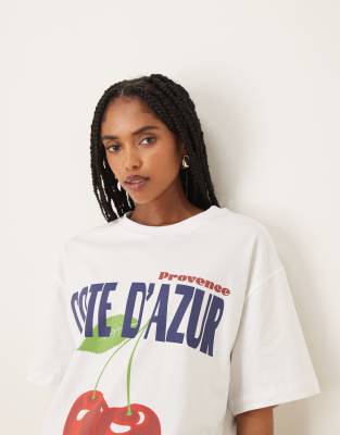 Asos Design Oversized T-shirt With France Cherry Graphic In White