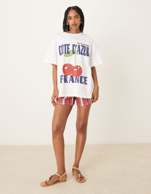 ASOS DESIGN oversized T-shirt with france cherry graphic in white