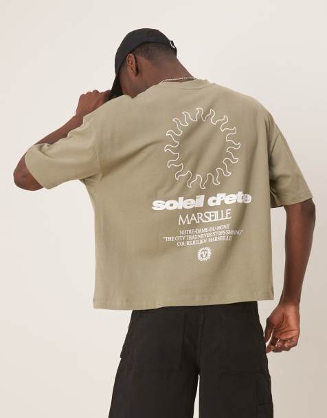 ASOS DESIGN oversized t-shirt with front and back graphic in light khaki - view 1