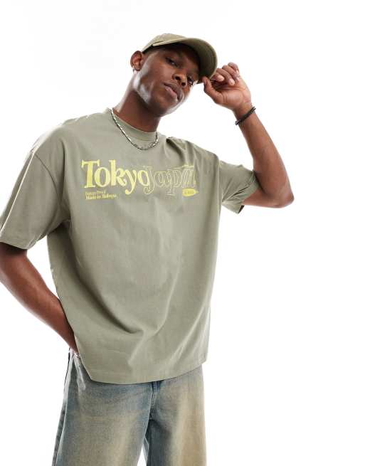 ASOS DESIGN oversized t-shirt with front city graphic in light khaki green, 2 of 4