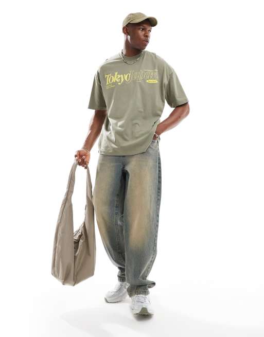 ASOS DESIGN oversized t-shirt with front city graphic in light khaki green, 4 of 4