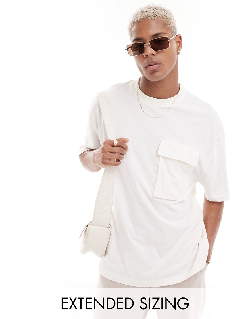 ASOS DESIGN oversized t-shirt with front pocket in ecru-Neutral