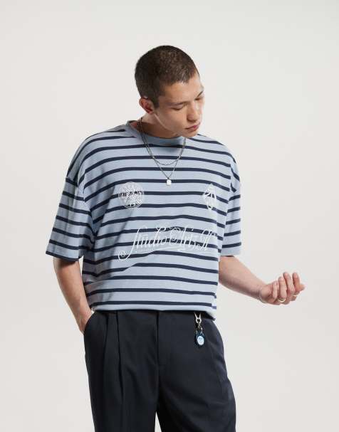 ASOS DESIGN oversized t shirt with front print in blue and black stripe - view 1
