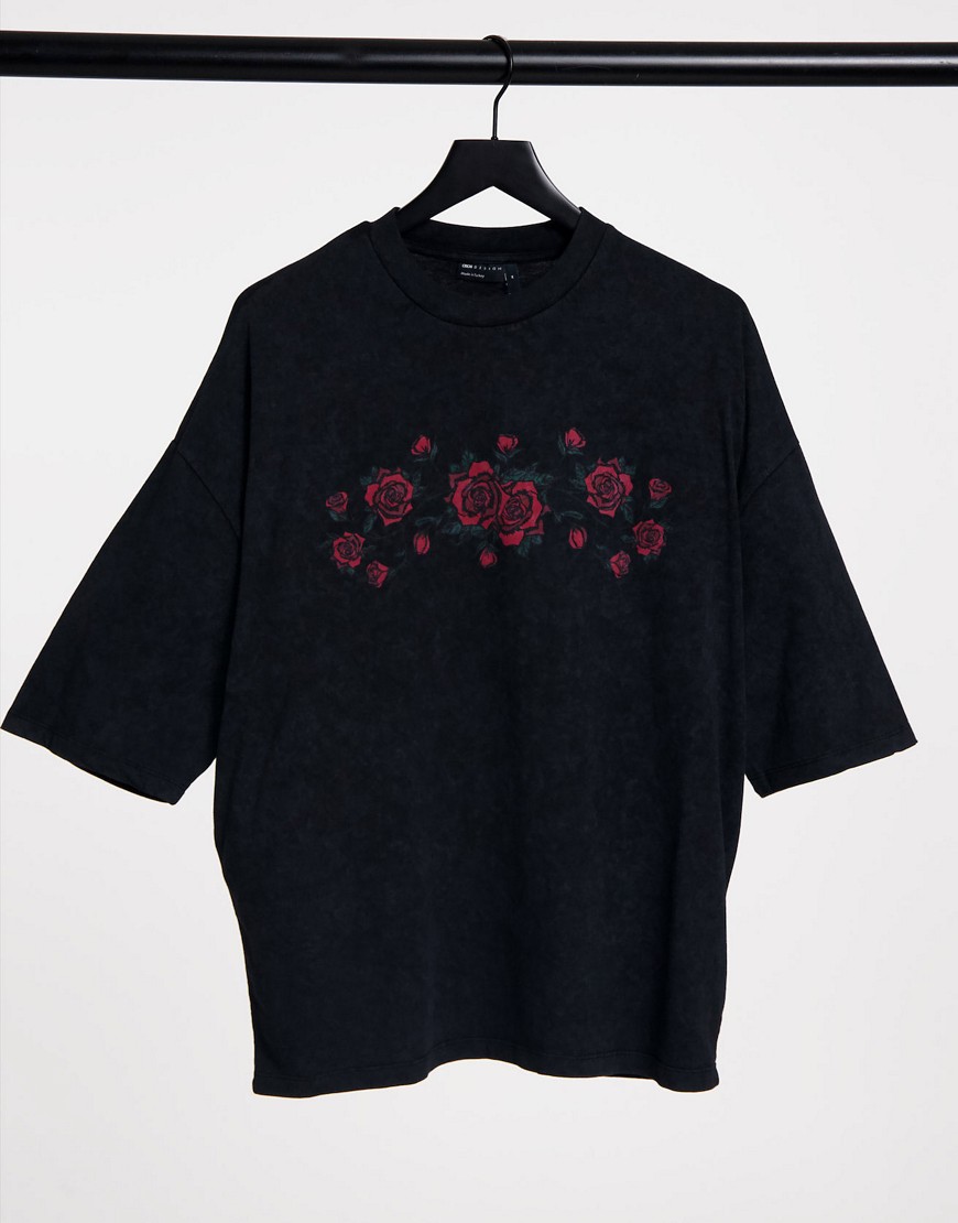 Asos Design Oversized T-shirt With Front Rose Print In Black Acid Wash