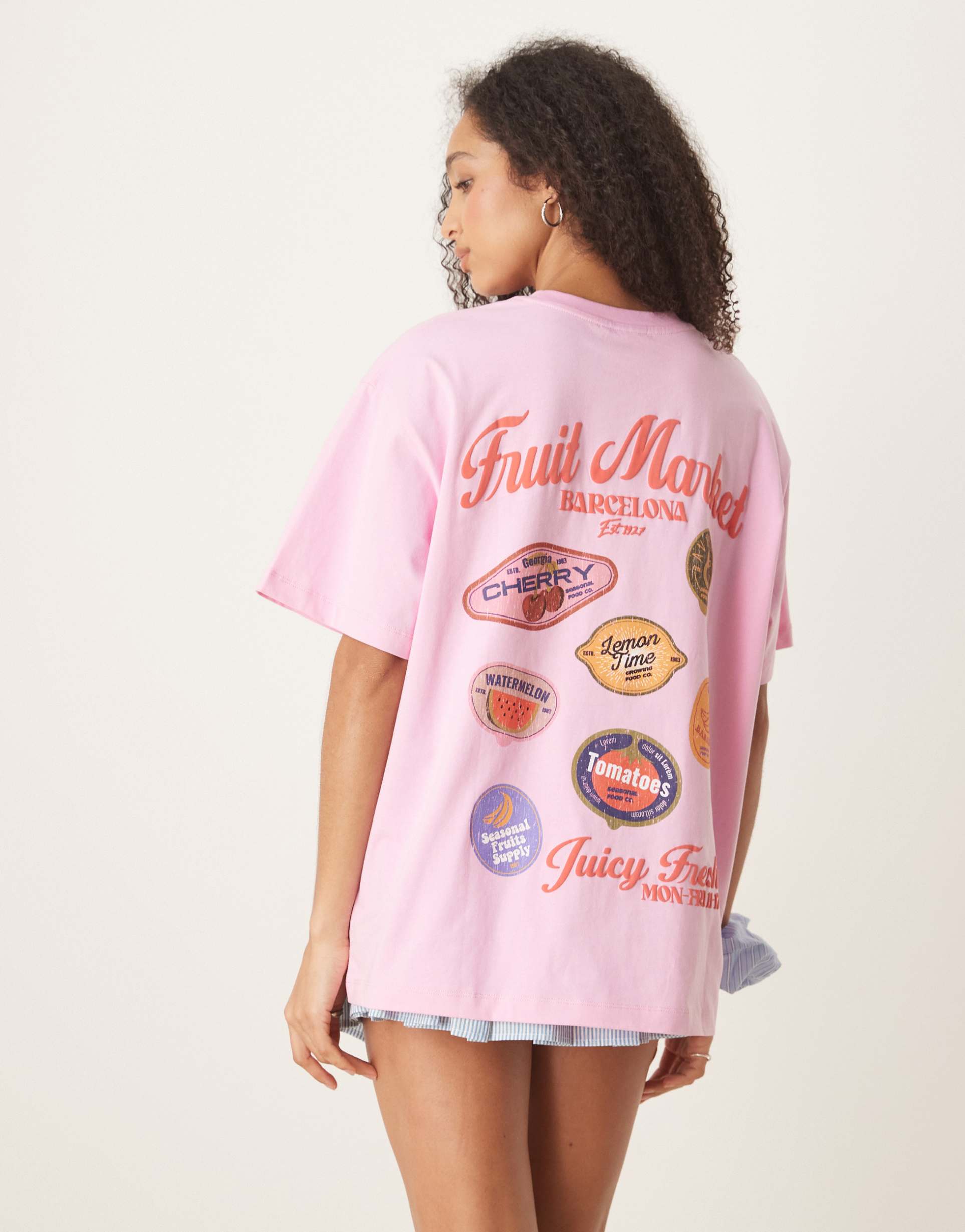 asos design oversized t-shirt with fruit market graphic in light pink