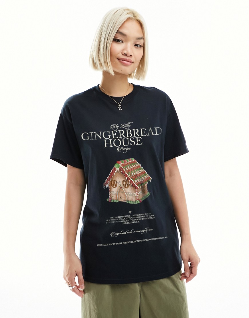 ASOS DESIGN oversized t-shirt with gingerbread house recipe graphic in black