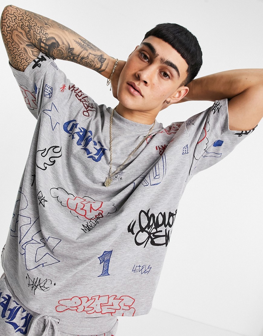 ASOS DESIGN oversized T-shirt with graffiti print in heather gray - part of a set-Multi