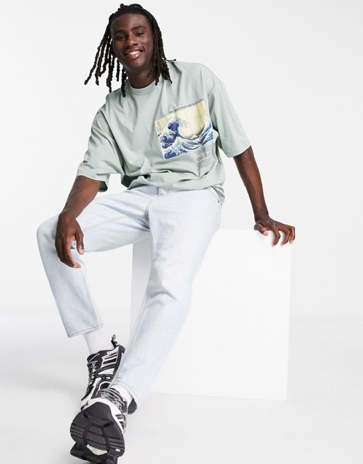 ASOS DESIGN oversized t-shirt with Great Wave of Kanagawa prints in green